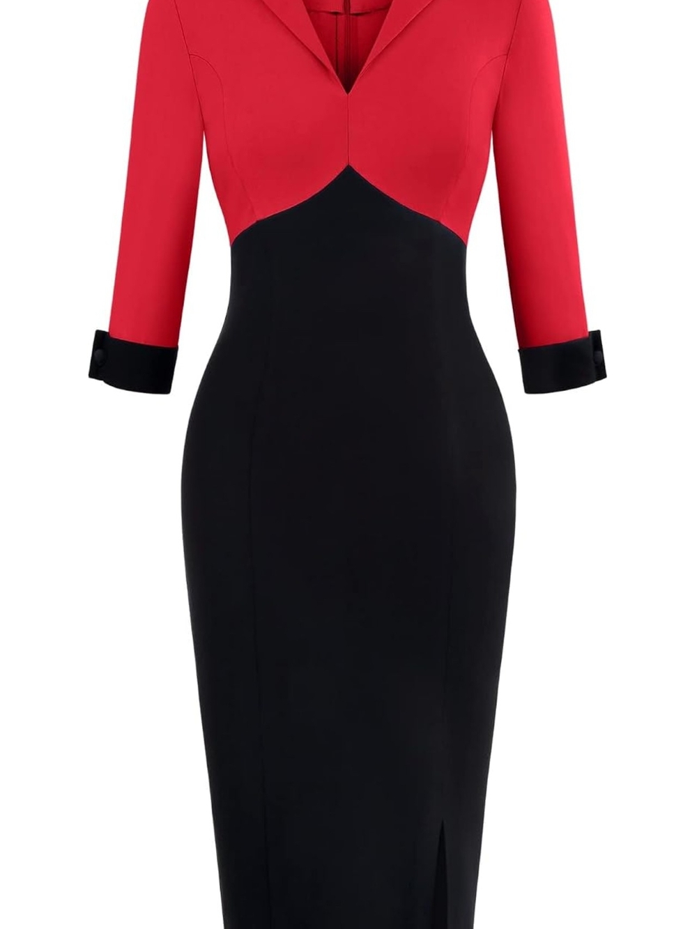 Red & Black Long Sleeve Sheath Dress with Notch Collar